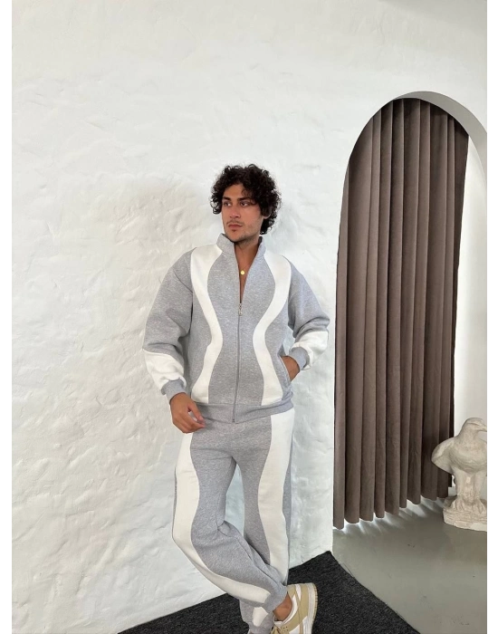 Premium Parçalı Eşofman Takım - Dik Yaka Fermuarlı Sweatshirt, - Gri -