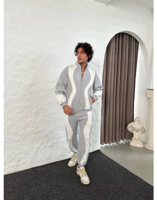 Premium Parçalı Eşofman Takım - Dik Yaka Fermuarlı Sweatshirt, - Gri -
