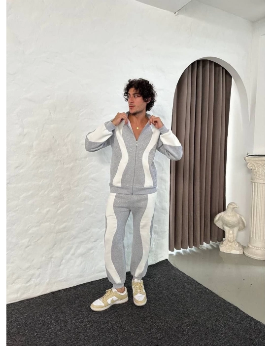 Premium Parçalı Eşofman Takım - Dik Yaka Fermuarlı Sweatshirt, - Gri -