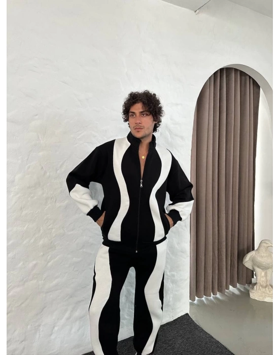 Premium Parçalı Eşofman Takım - Dik Yaka Fermuarlı Sweatshirt, - Siyah -