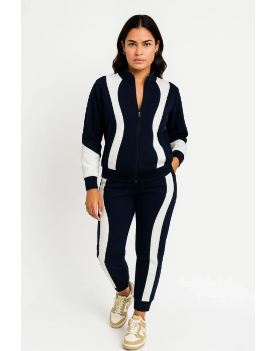 Premium Parçalı Eşofman Takım - Dik Yaka Fermuarlı Sweatshirt - Siyah -