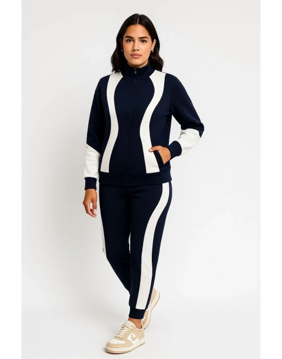 Premium Parçalı Eşofman Takım - Dik Yaka Fermuarlı Sweatshirt - Siyah -