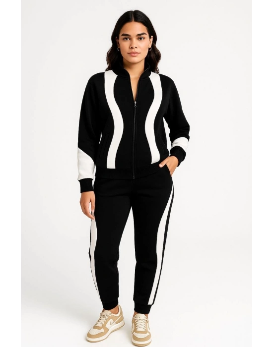 Premium Parçalı Eşofman Takım - Dik Yaka Fermuarlı Sweatshirt - Siyah -