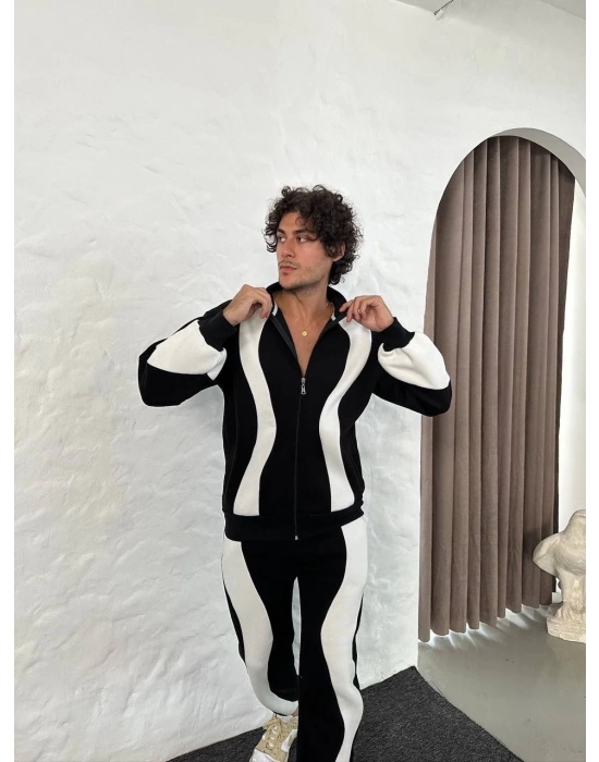 Premium Parçalı Eşofman Takım - Dik Yaka Fermuarlı Sweatshirt, - Siyah -