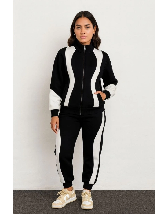 Premium Parçalı Eşofman Takım - Dik Yaka Fermuarlı Sweatshirt - Siyah -