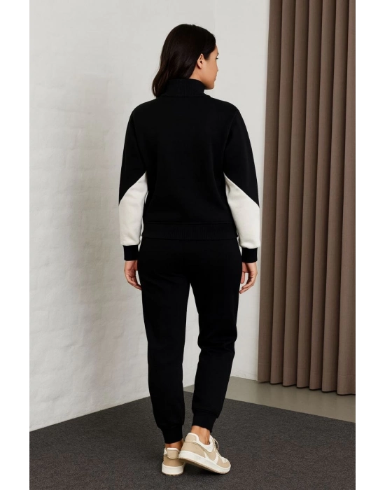 Premium Parçalı Eşofman Takım - Dik Yaka Fermuarlı Sweatshirt - Siyah -