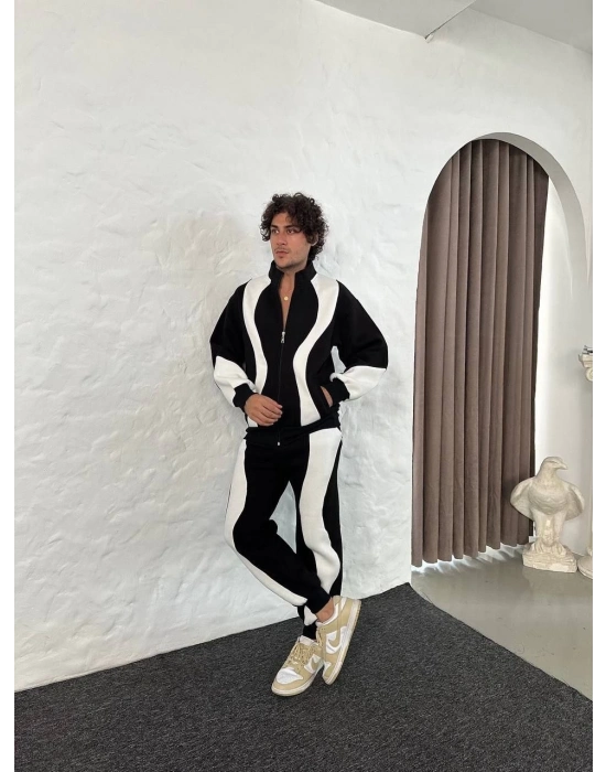 Premium Parçalı Eşofman Takım - Dik Yaka Fermuarlı Sweatshirt, - Siyah -