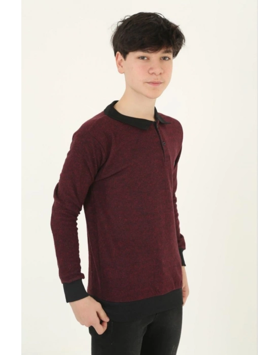 Selanik Yaka Nakışlı Kazak - Kırmızı -