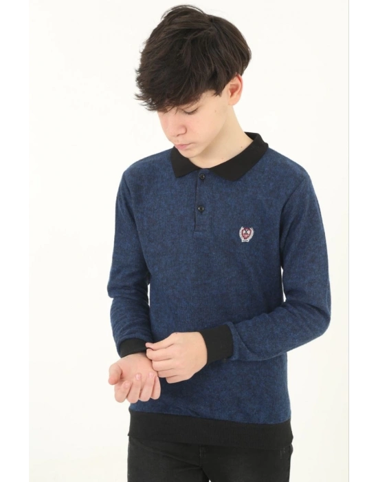 Selanik Yaka Nakışlı Kazak - Lacivert -