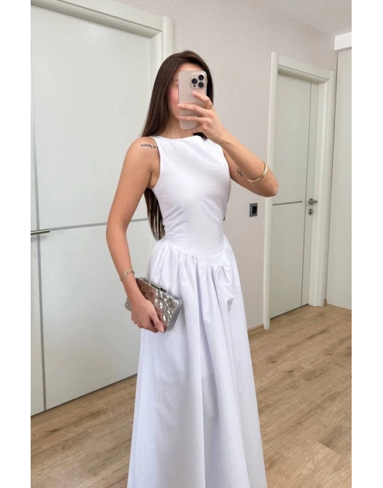 Sifir Kol Beli Oturtmalı Kolsuz Uzun Elbise - Beyaz -