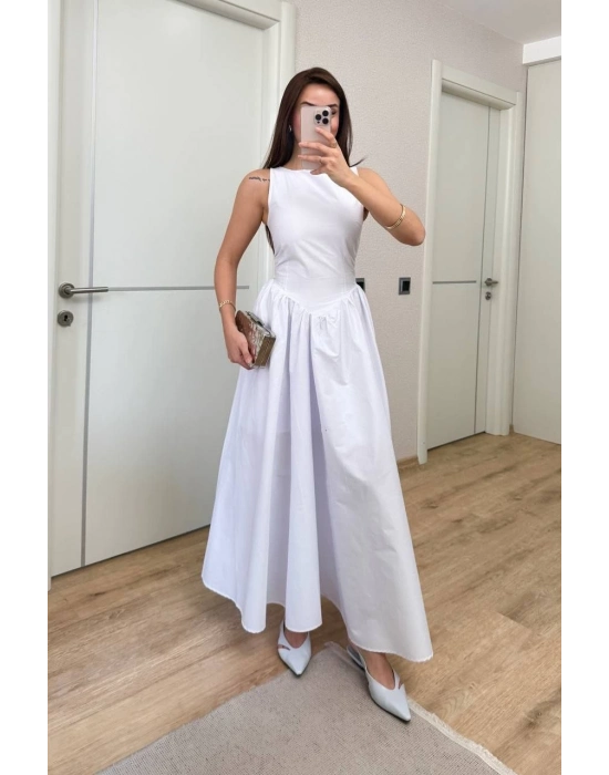 Sifir Kol Beli Oturtmalı Kolsuz Uzun Elbise - Beyaz -