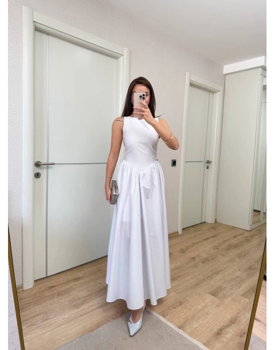 Sifir Kol Beli Oturtmalı Kolsuz Uzun Elbise - Beyaz -