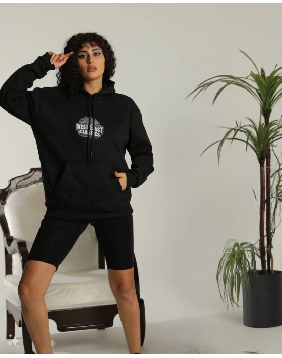 Sırt Baskılı Kapüşonlu Üç İplik Oversize Sweatshirt - Siyah -