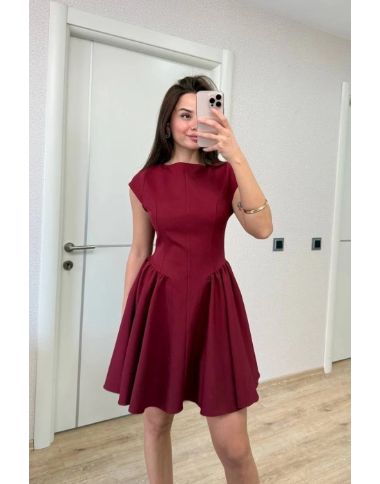 Sırt dekolteli Çan Detaylı Mini Elbise - Bordo -