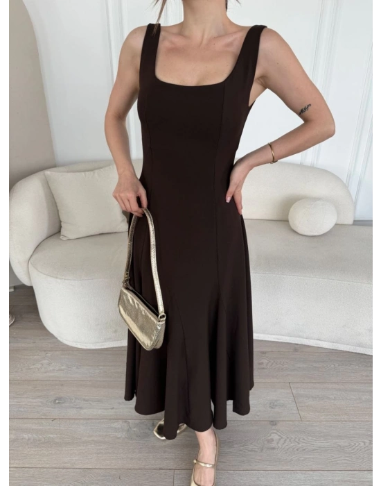 Sırt Dekolteli Kolsuz Uzun Elbise - Kahverengi -