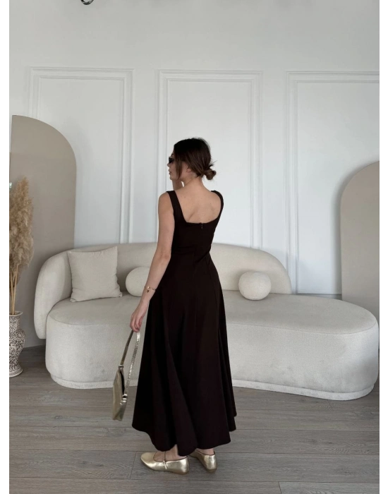 Sırt Dekolteli Kolsuz Uzun Elbise - Kahverengi -