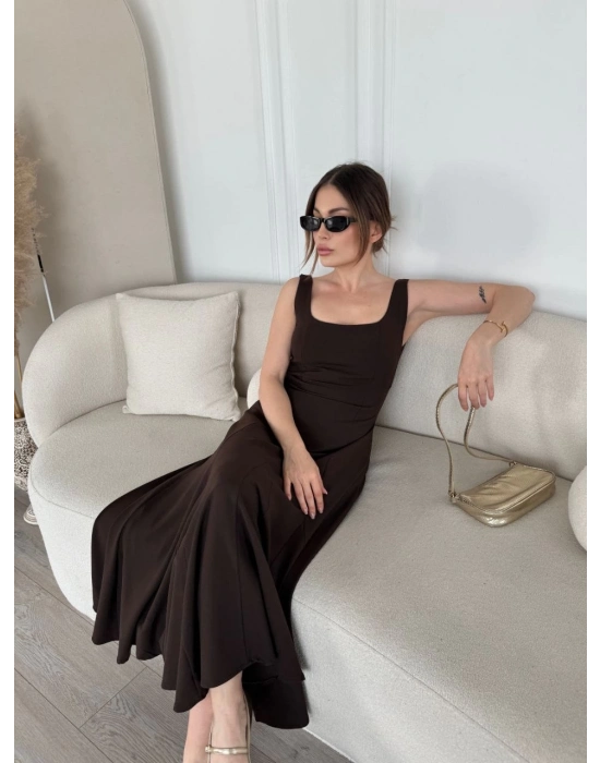 Sırt Dekolteli Kolsuz Uzun Elbise - Kahverengi -