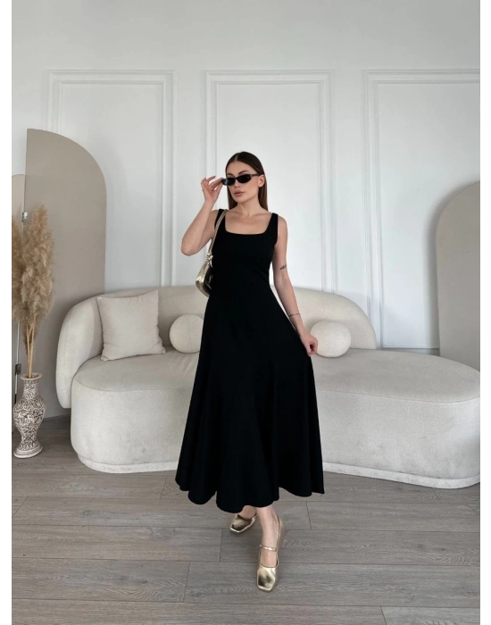 Sırt Dekolteli Kolsuz Uzun Elbise - Siyah -