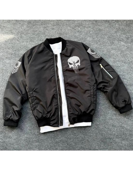 Siyah Askeri Tarz Bomber Mont –  , Punisher Skull Detaylı -
