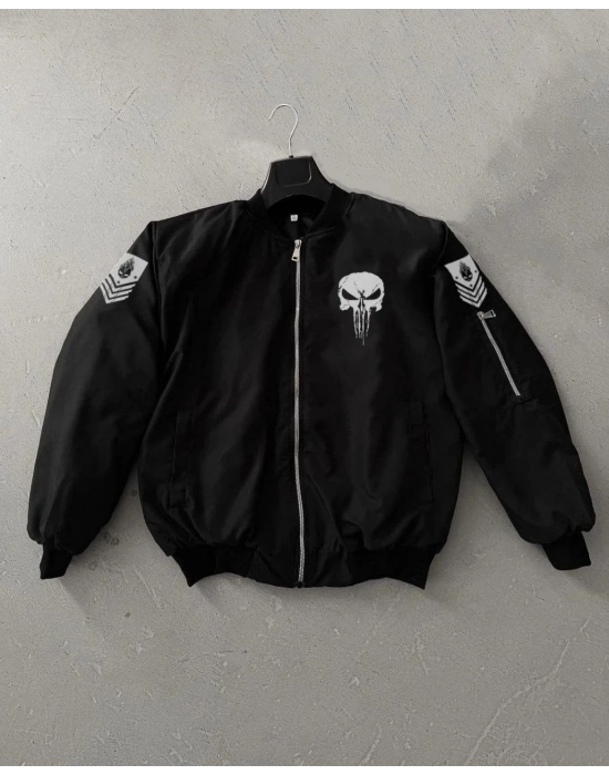 Siyah Askeri Tarz Bomber Mont –  , Punisher Skull Detaylı -