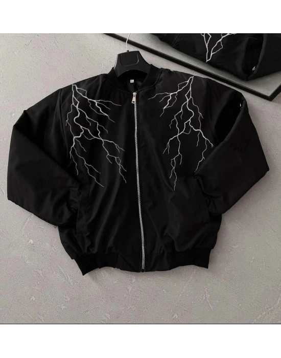 Siyah Bomber Mont – Beyaz Şimşek Desenli -