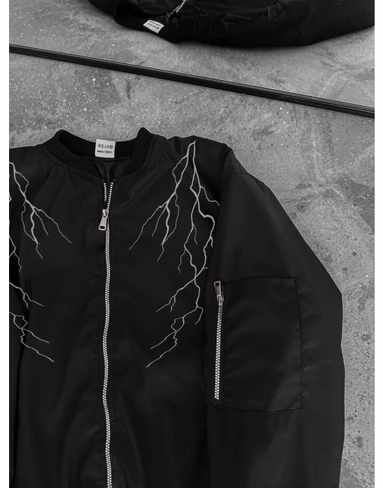 Siyah Bomber Mont – Beyaz Şimşek Desenli -