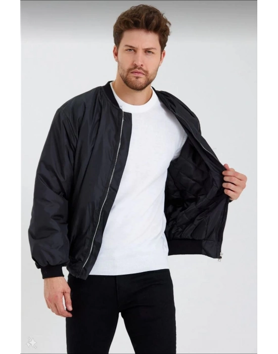 Siyah Bomber Mont – Su İtici Kumaş, Kapitone Astarlı, Fermuarlı -