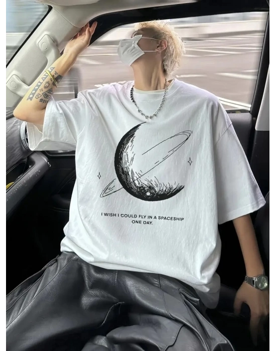 Siyah Tişört Grafik Genç Emo Vintage Gotik Rahat Büyük Beden Kısa Kollu Tişört- Beyaz -