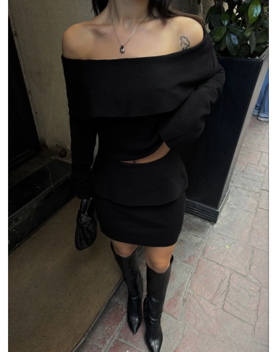 Straplez , Madonna , Carmen Yaka Croplu Mini Etekli ikili Takım Triko - Siyah -