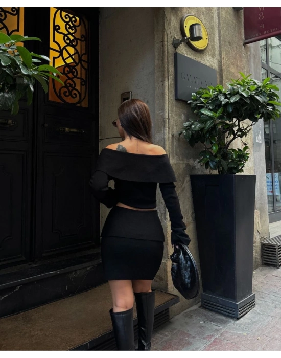 Straplez , Madonna , Carmen Yaka Croplu Mini Etekli ikili Takım Triko - Siyah -