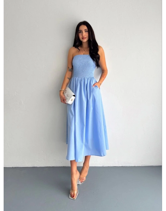 Straplez Pileli Elbise - Açık Mavi -