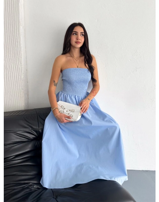 Straplez Pileli Elbise - Açık Mavi -