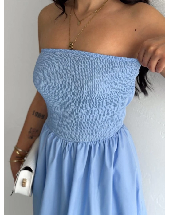 Straplez Pileli Elbise - Açık Mavi -