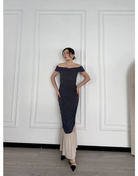Striptiz Omuzlu Uzun Elbise- Füme -