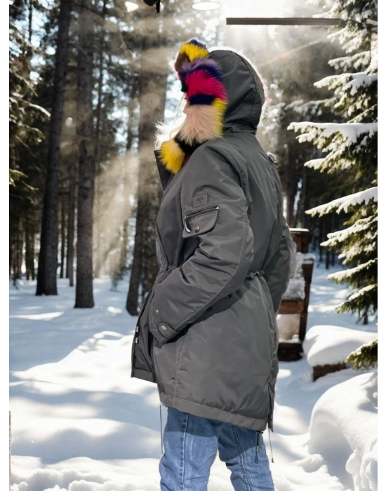 Su Geçirmez Kapüşonlu Mont - Füme -