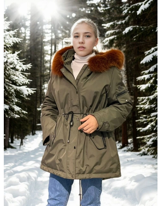 Su Geçirmez Kapüşonlu Mont - Haki -