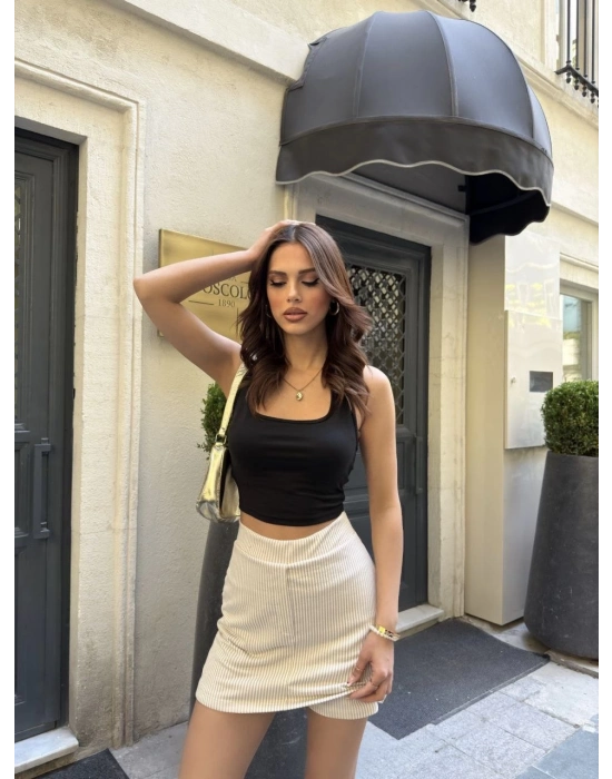 Su Yolu Çizgili kolay Kombinle Ne Bilir Mini Boy Etek - Bej -