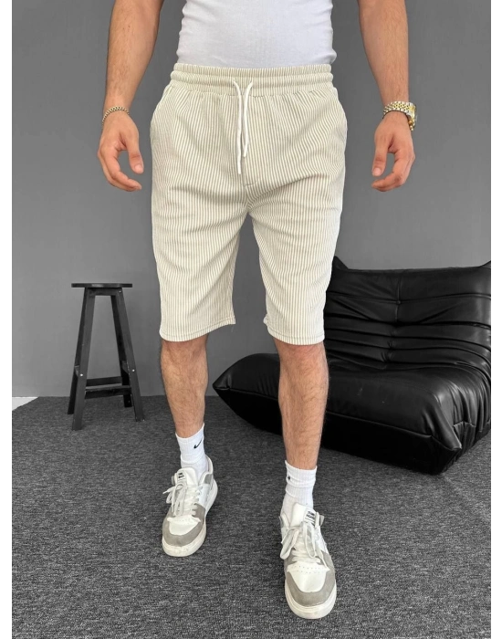Su Yolu Çizgili Ön Arka Cepli Şort Yazlık Nefes Alabilir - Bej -
