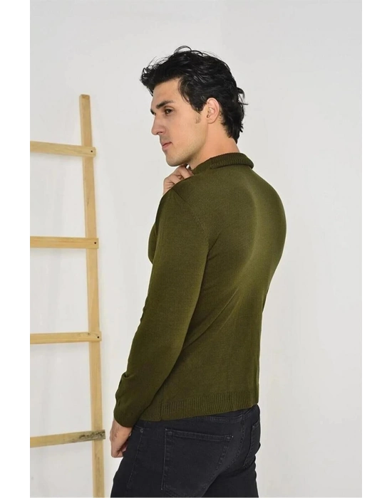 Tam Balıkçı Yaka Düz Renk Kazak - Yeşil -