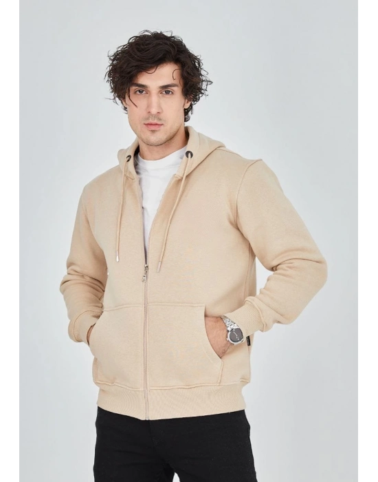 Tam Fermuarlı Kapşonlu  SweatShirt - Bej -