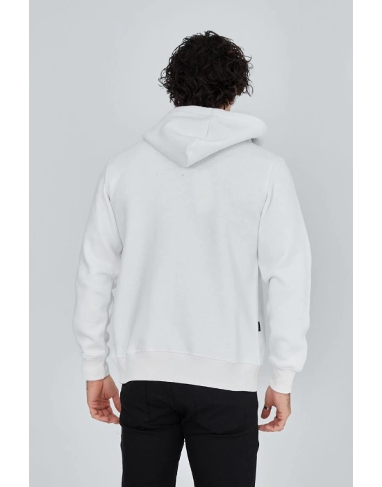 Tam Fermuarlı Kapşonlu  SweatShirt - Beyaz -
