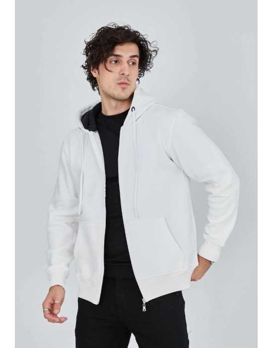 Tam Fermuarlı Kapşonlu  SweatShirt - Beyaz -