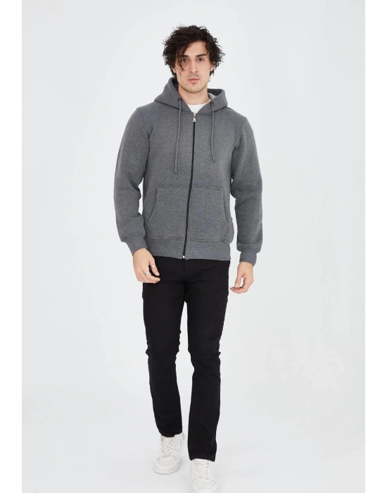 Tam Fermuarlı Kapşonlu  SweatShirt - Füme -