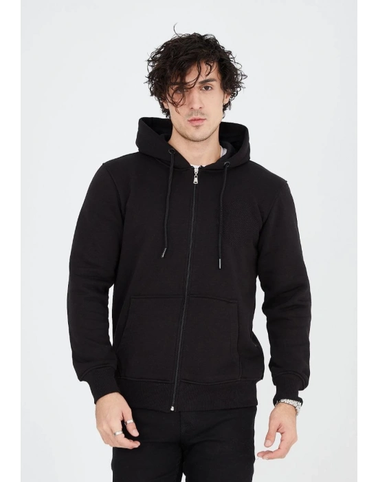Tam Fermuarlı Kapşonlu  SweatShirt - Siyah -