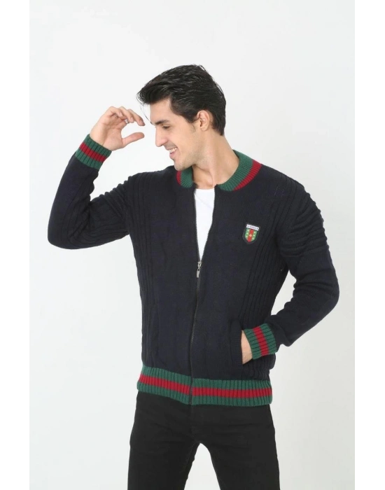 Tam Fermuarlı Triko Hırka - Lacivert -