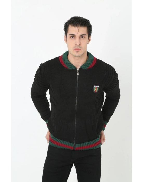 Tam Fermuarlı Triko Hırka - Siyah -