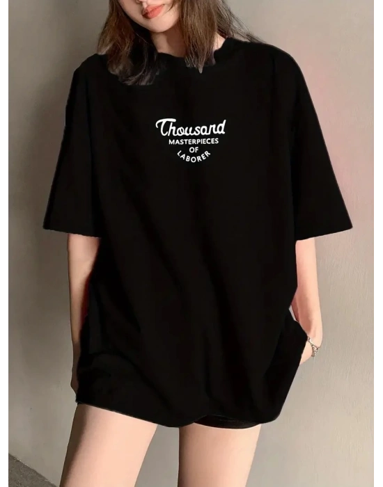 Thousand Ön Arka Baskılı Oversize Bisiklet Yaka T-shirt - Siyah -