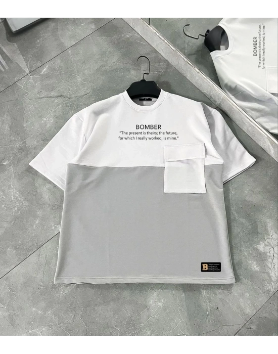 Torba Cep Detaylı  Parçalı T-Shirt - Gri -