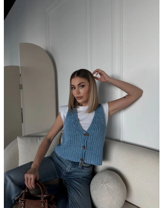 Triko Kolsuz Düğmeli Yelek - Mavi -