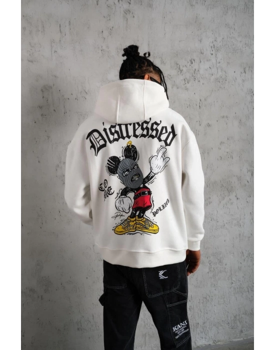 Üç İplik Baskılı Kapüşonlu Sweat - Beyaz -
